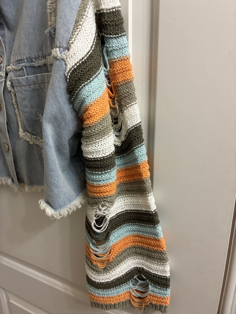 Women's Striped Open-Front Knit Denim in Cream, Olive & Orange